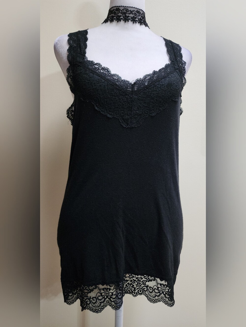 Black Lace-Trim Tank Top Womens Size L